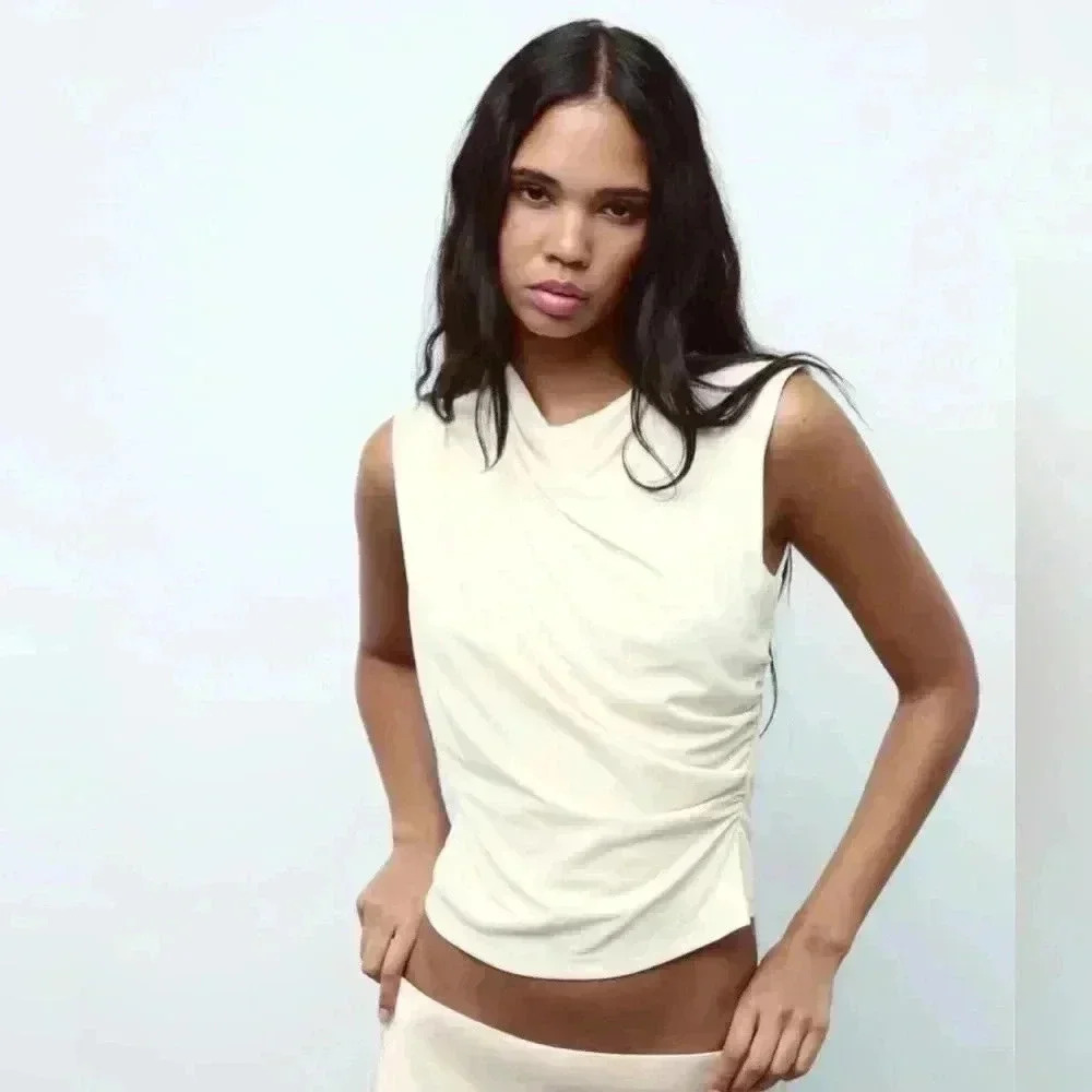 Zara Cream Sleeveless Ruched Side Top